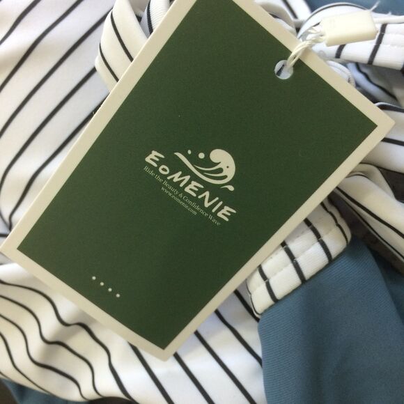 NEW Eomenie Swimsuit Medium NWT Blue White Stripe Cutout Criss Cross Tie Back - Picture 7 of 7